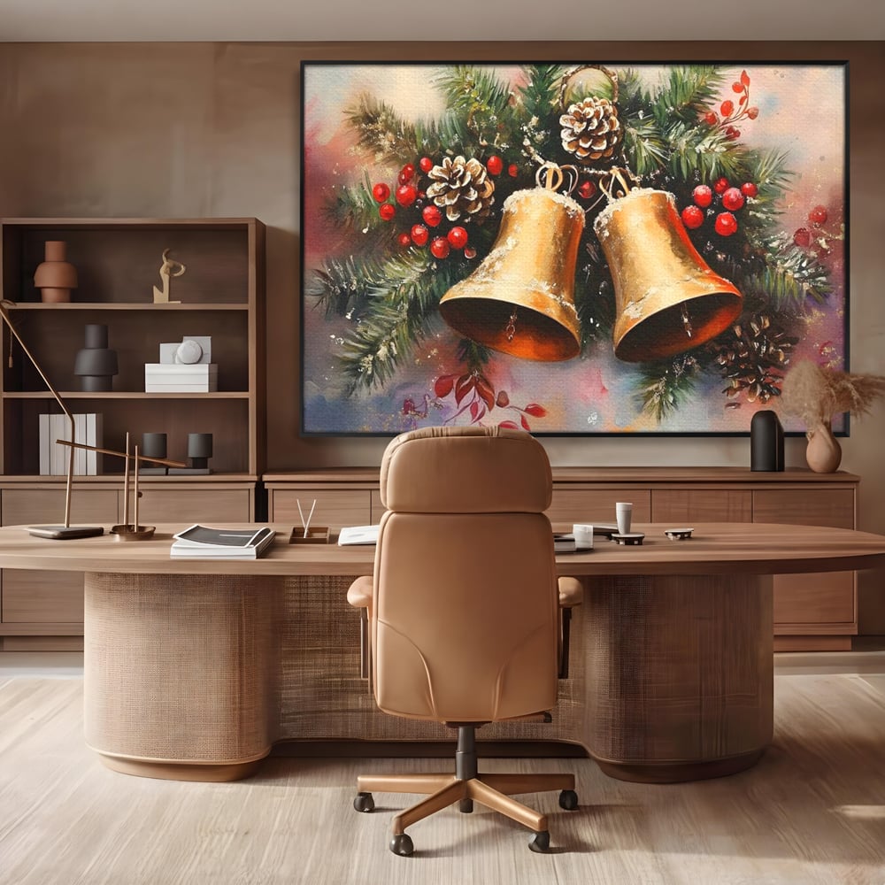 Tablou canvas cu tablou canvas cu clopotei aurii si conuri, in rama de aluminiu negru, pe perete intr-un birou
